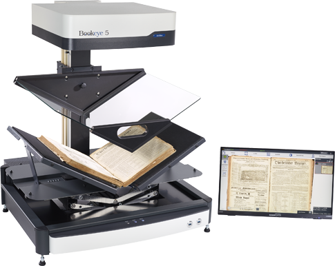 Overhead color book scanner / book copier for formats 14 % larger than A2 (460 x 620mm / 18 x 24 inch). 
V-shaped book cradle 120 - 180 degrees. 